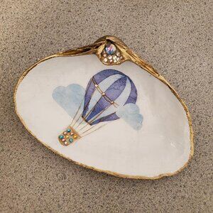Decoupage Shell -Pretty Hot Air Balloon Gold Leaf Trim Trinket Dish